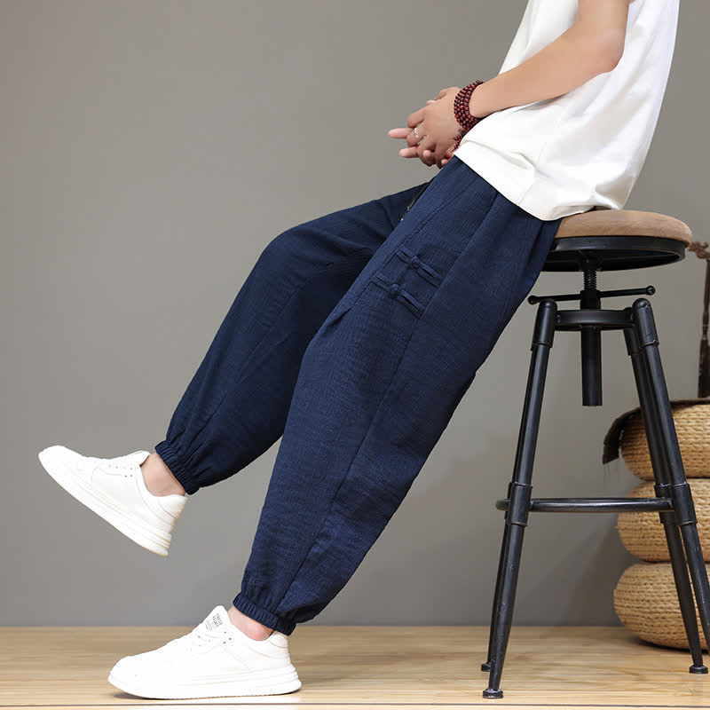 Nimara Ritual Summer Casual Tang Style Solid Cropped Pants Men's Harem Pants With Pockets