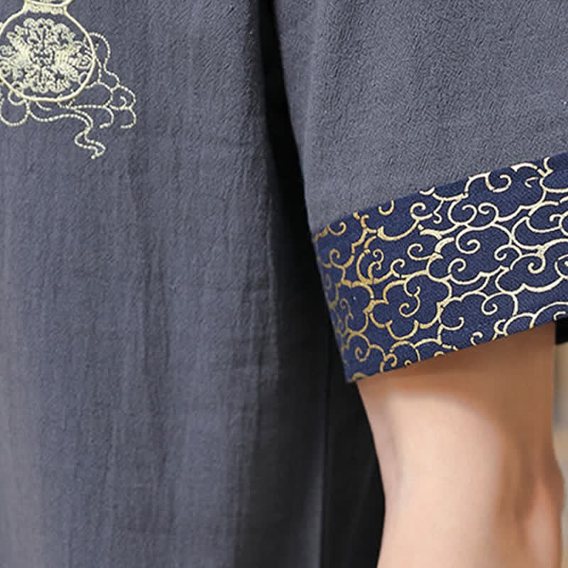Nimara Ritual Summer Tang Style Frog Button Embroidery Gourd Solid Men's Short Sleeve Shirts