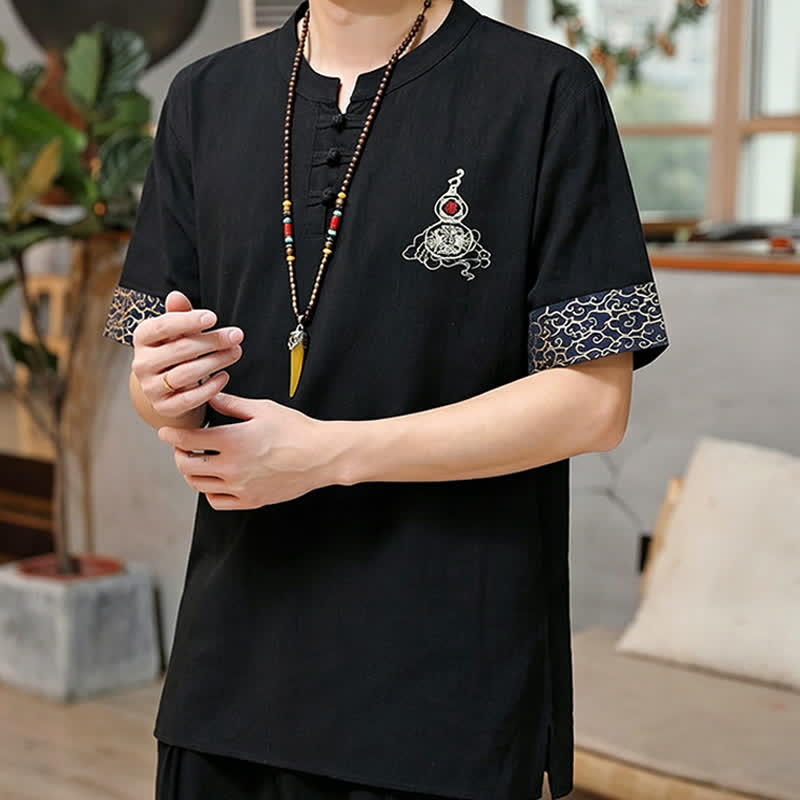 Nimara Ritual Summer Tang Style Frog Button Embroidery Gourd Solid Men's Short Sleeve Shirts