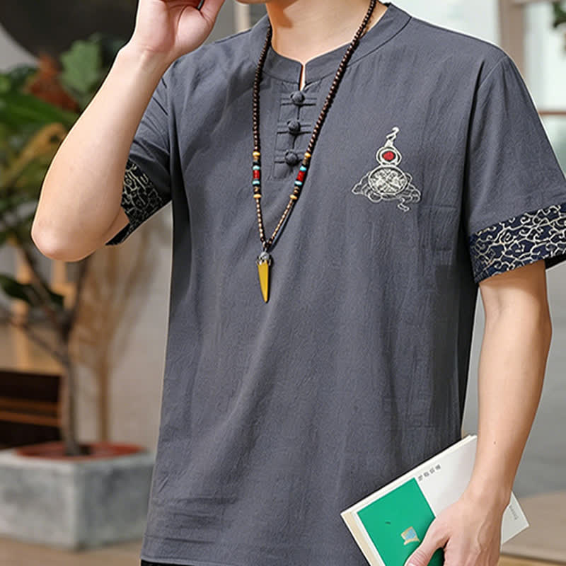 Nimara Ritual Summer Tang Style Frog Button Embroidery Gourd Solid Men's Short Sleeve Shirts