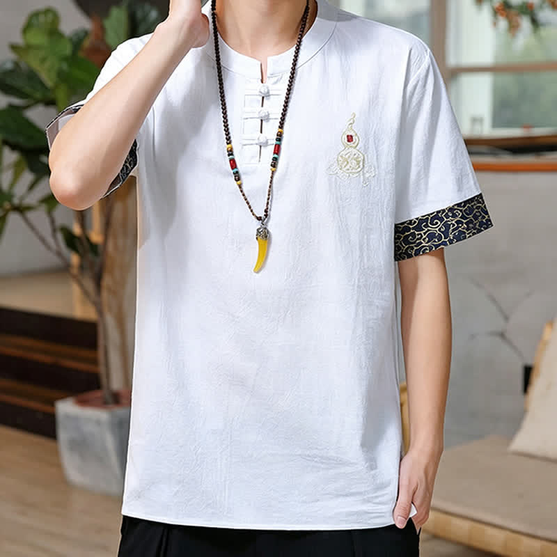 Nimara Ritual Summer Tang Style Frog Button Embroidery Gourd Solid Men's Short Sleeve Shirts