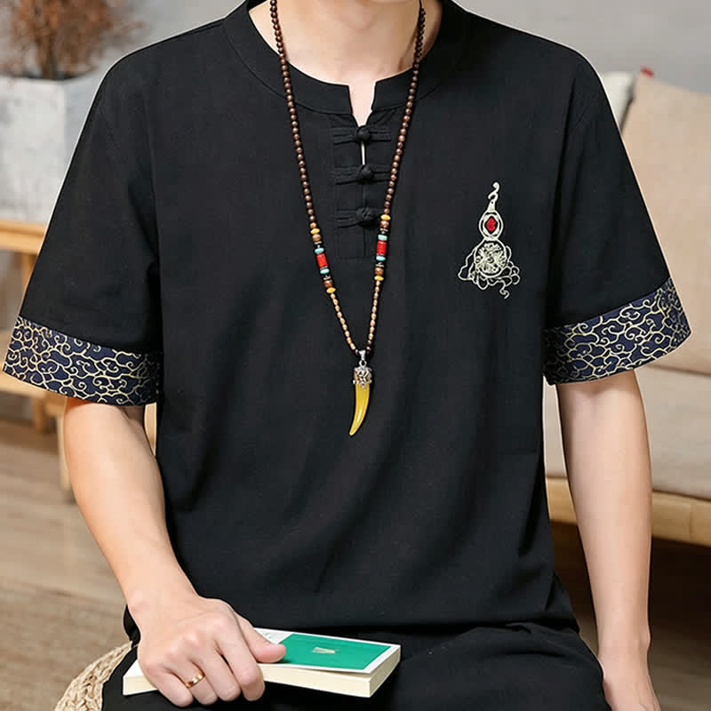 Nimara Ritual Summer Tang Style Frog Button Embroidery Gourd Solid Men's Short Sleeve Shirts