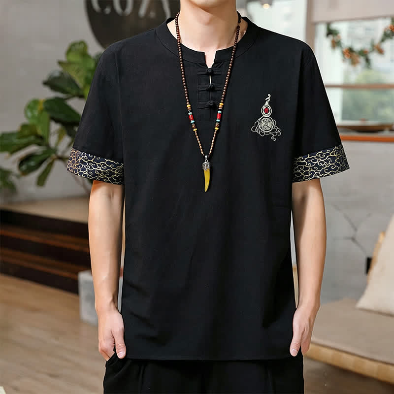 Nimara Ritual Summer Tang Style Frog Button Embroidery Gourd Solid Men's Short Sleeve Shirts