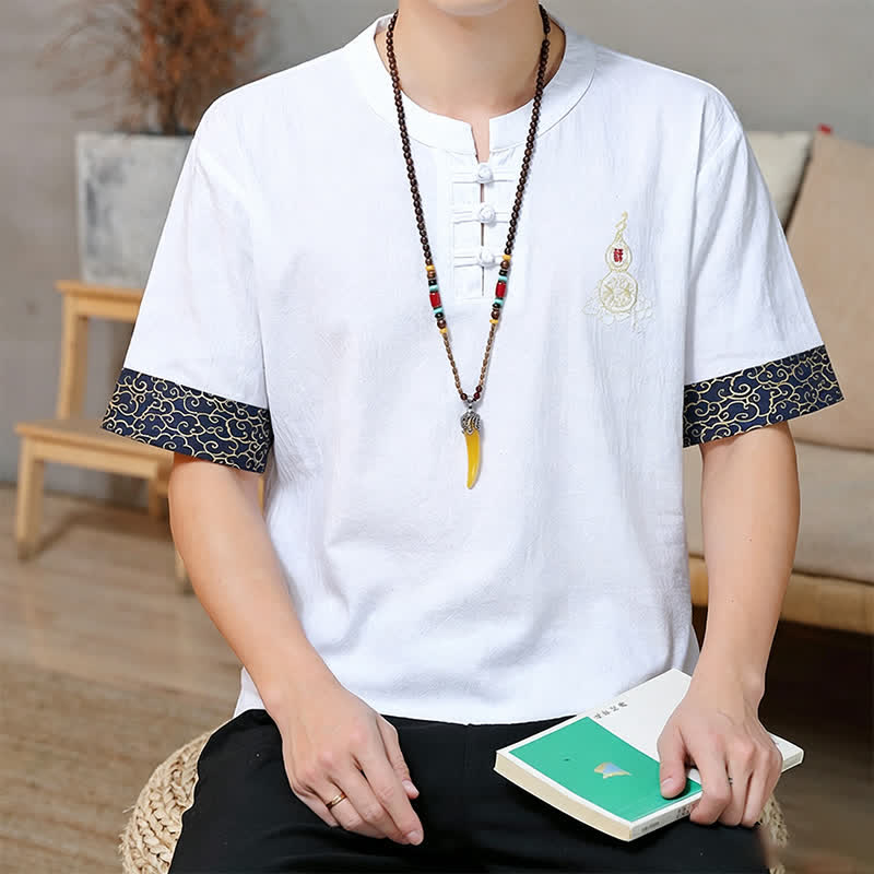 Nimara Ritual Summer Tang Style Frog Button Embroidery Gourd Solid Men's Short Sleeve Shirts