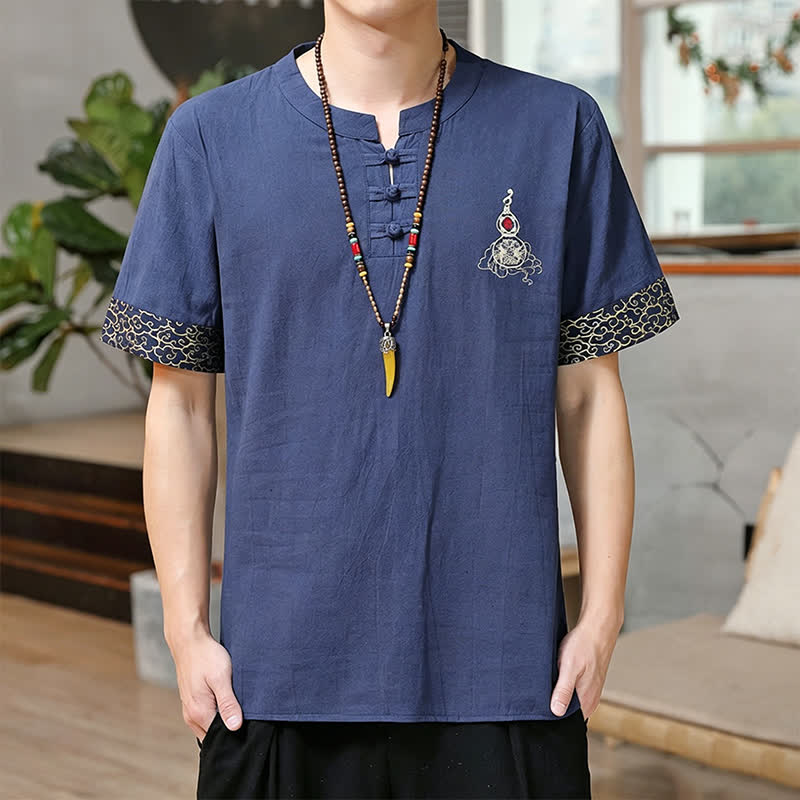 Nimara Ritual Summer Tang Style Frog Button Embroidery Gourd Solid Men's Short Sleeve Shirts