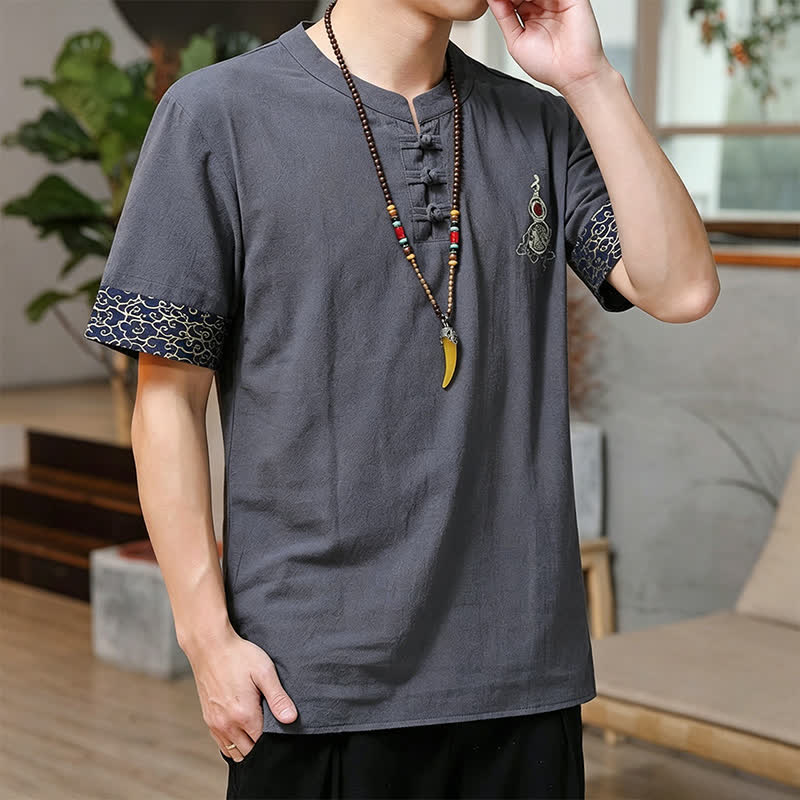 Nimara Ritual Summer Tang Style Frog Button Embroidery Gourd Solid Men's Short Sleeve Shirts