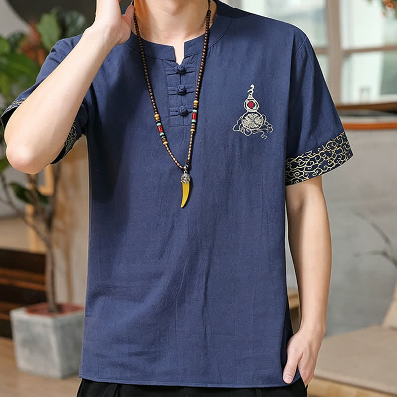 Nimara Ritual Summer Tang Style Frog Button Embroidery Gourd Solid Men's Short Sleeve Shirts