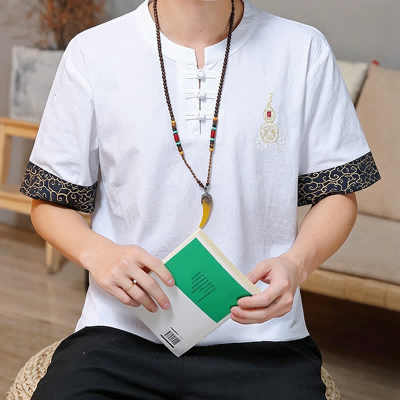 Nimara Ritual Summer Tang Style Frog Button Embroidery Gourd Solid Men's Short Sleeve Shirts