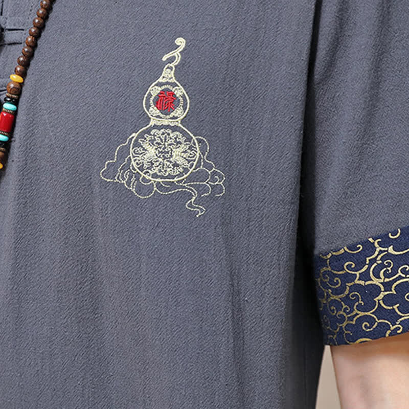 Nimara Ritual Summer Tang Style Frog Button Embroidery Gourd Solid Men's Short Sleeve Shirts