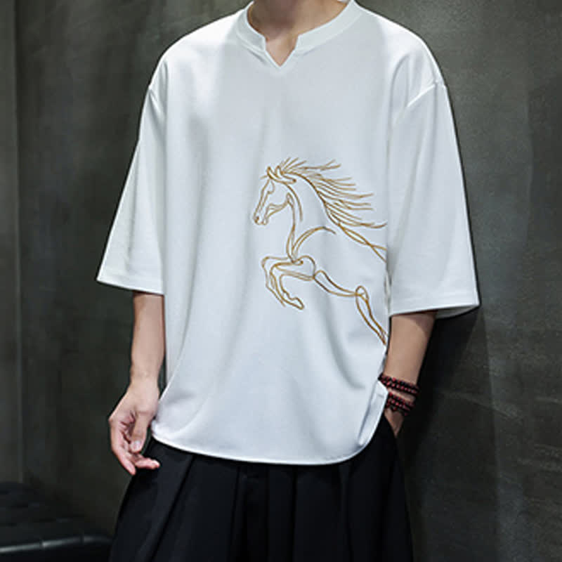 Nimara Ritual Summer Casual Minimalist Embroidery Horse Cotton Men's Short Sleeve T-Shirts