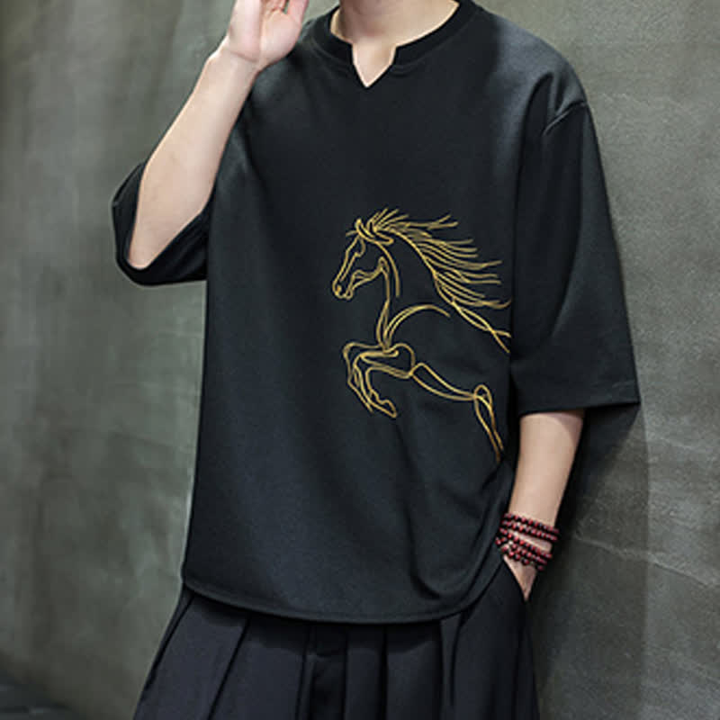Nimara Ritual Summer Casual Minimalist Embroidery Horse Cotton Men's Short Sleeve T-Shirts