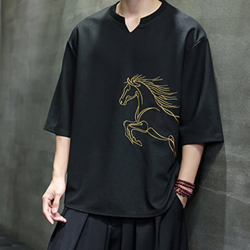 Nimara Ritual Summer Casual Minimalist Embroidery Horse Cotton Men's Short Sleeve T-Shirts