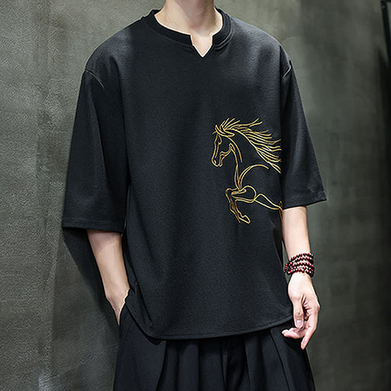 Nimara Ritual Summer Casual Minimalist Embroidery Horse Cotton Men's Short Sleeve T-Shirts