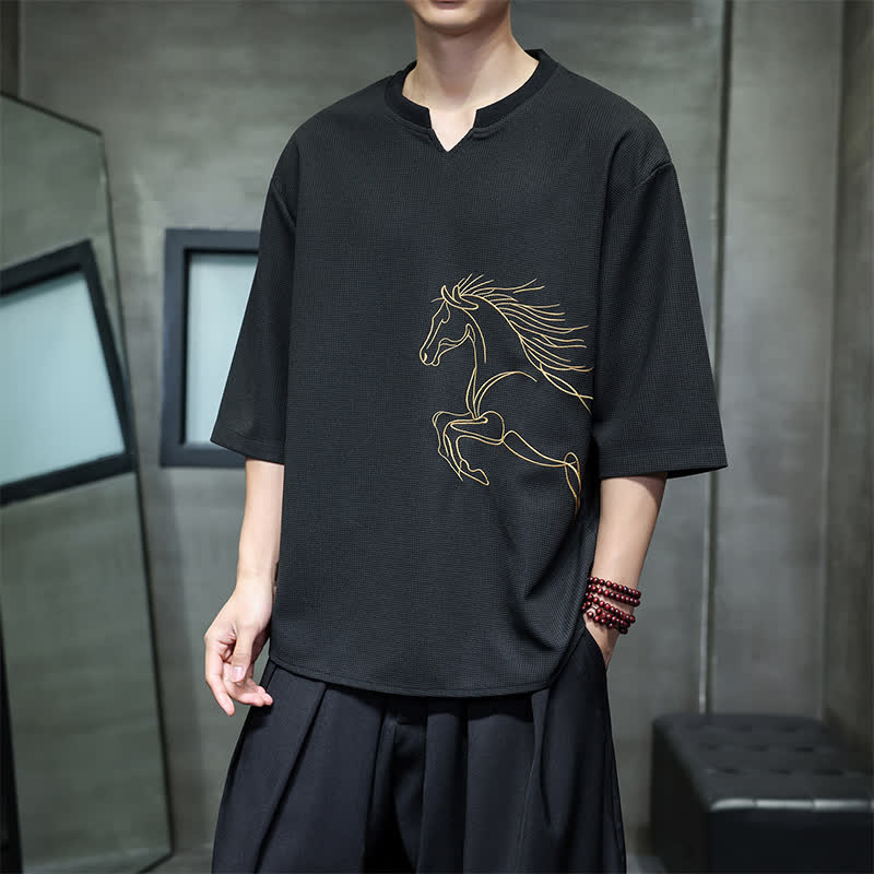 Nimara Ritual Summer Casual Minimalist Embroidery Horse Cotton Men's Short Sleeve T-Shirts