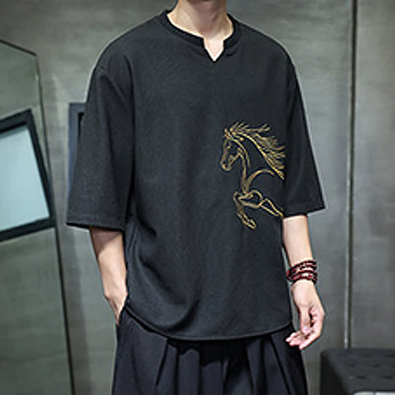 Nimara Ritual Summer Casual Minimalist Embroidery Horse Cotton Men's Short Sleeve T-Shirts