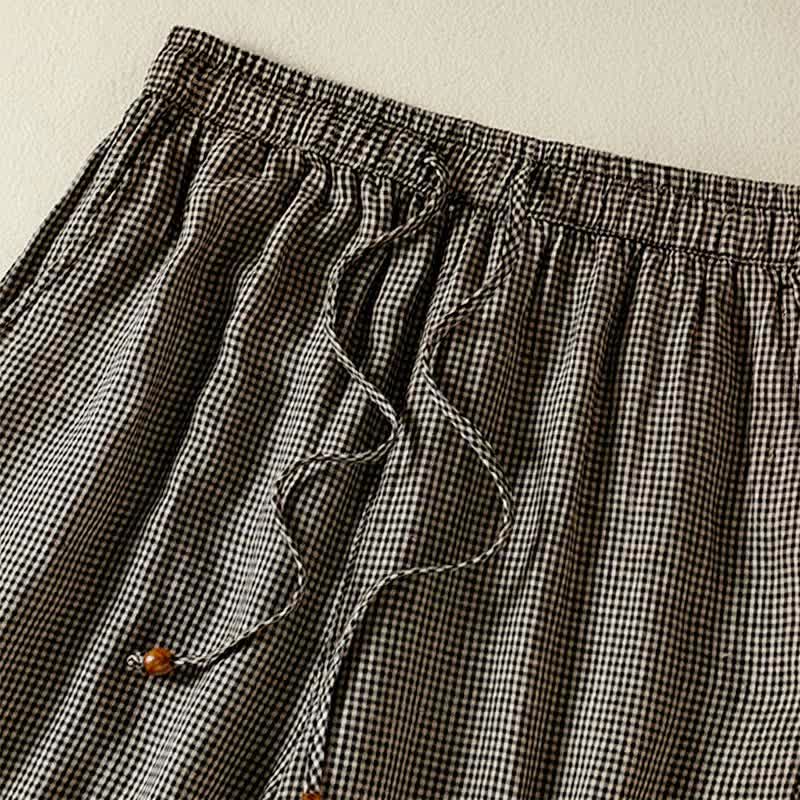 Nimara Ritual Summer Casual Drawstring Plaid Linen Ankle Pants Women's Wide Leg Pants With Pocket