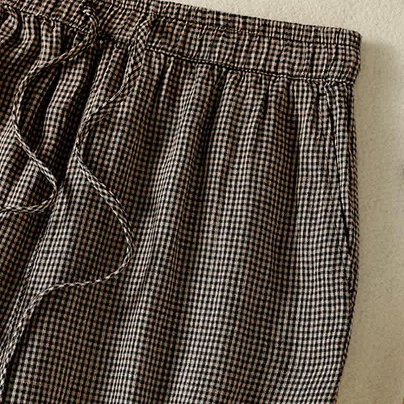Nimara Ritual Summer Casual Drawstring Plaid Linen Ankle Pants Women's Wide Leg Pants With Pocket