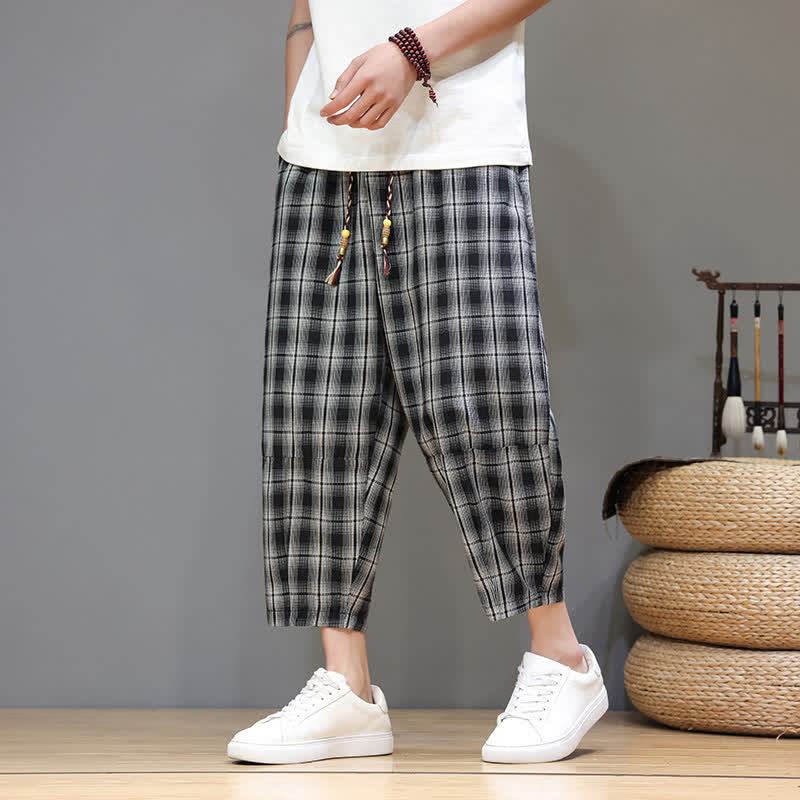 Nimara Ritual Summer Casual Drawstring Plaid Capri Pants Men's Harem Pants With Pockets