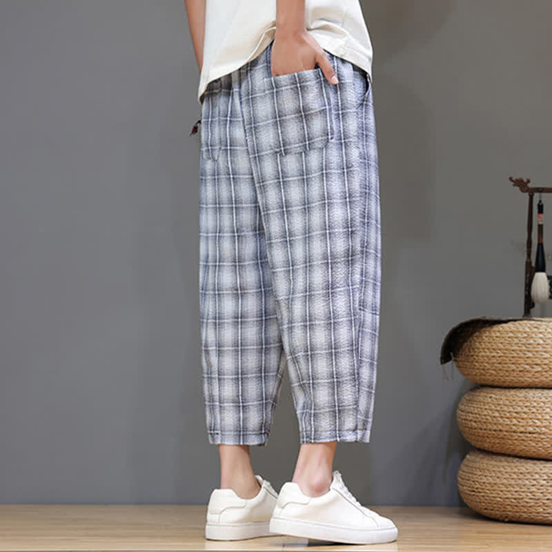Nimara Ritual Summer Casual Drawstring Plaid Capri Pants Men's Harem Pants With Pockets