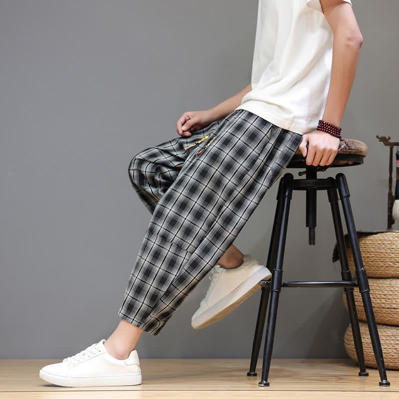 Nimara Ritual Summer Casual Drawstring Plaid Capri Pants Men's Harem Pants With Pockets