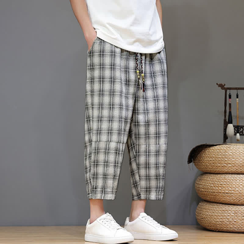 Nimara Ritual Summer Casual Drawstring Plaid Capri Pants Men's Harem Pants With Pockets