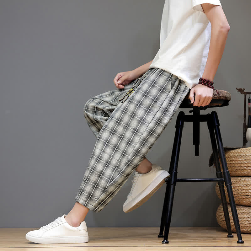 Nimara Ritual Summer Casual Drawstring Plaid Capri Pants Men's Harem Pants With Pockets