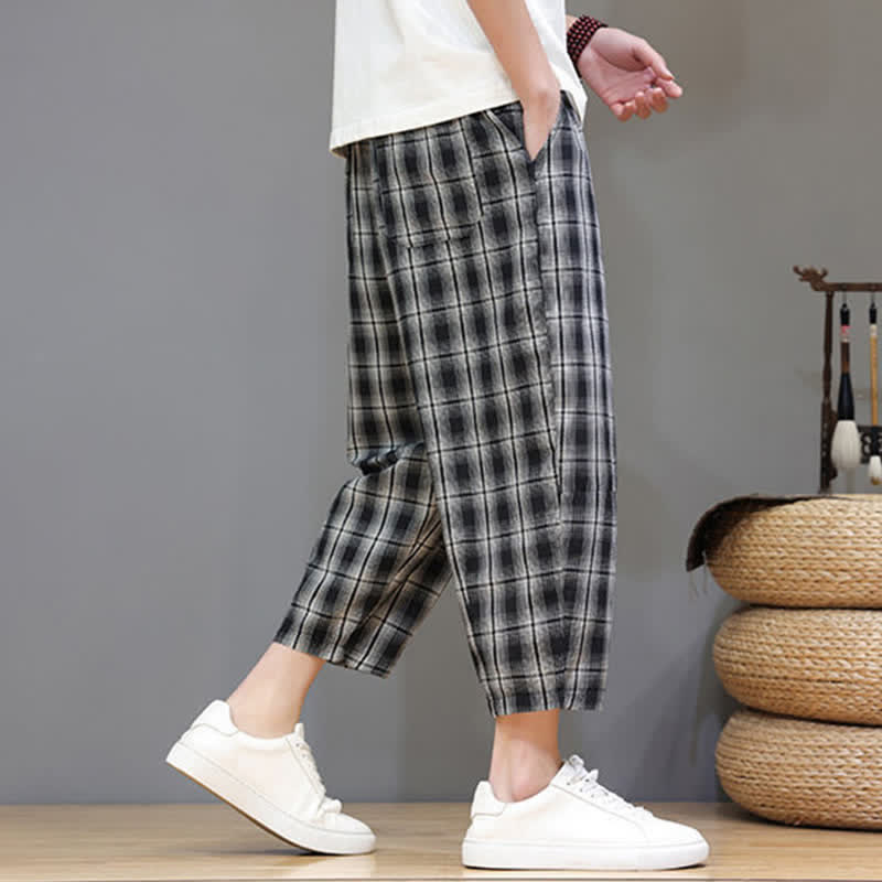 Nimara Ritual Summer Casual Drawstring Plaid Capri Pants Men's Harem Pants With Pockets
