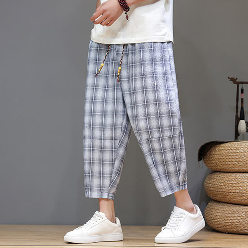 Nimara Ritual Summer Casual Drawstring Plaid Capri Pants Men's Harem Pants With Pockets