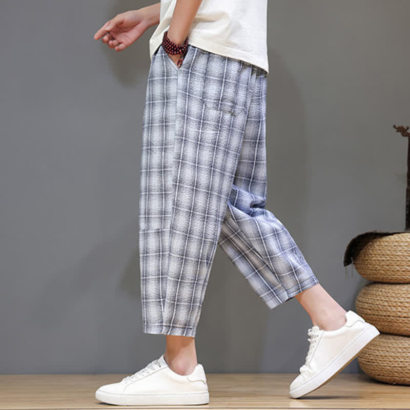 Nimara Ritual Summer Casual Drawstring Plaid Capri Pants Men's Harem Pants With Pockets