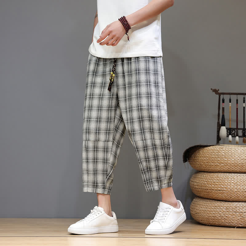 Nimara Ritual Summer Casual Drawstring Plaid Capri Pants Men's Harem Pants With Pockets
