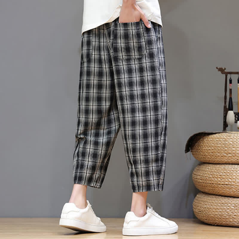 Nimara Ritual Summer Casual Drawstring Plaid Capri Pants Men's Harem Pants With Pockets