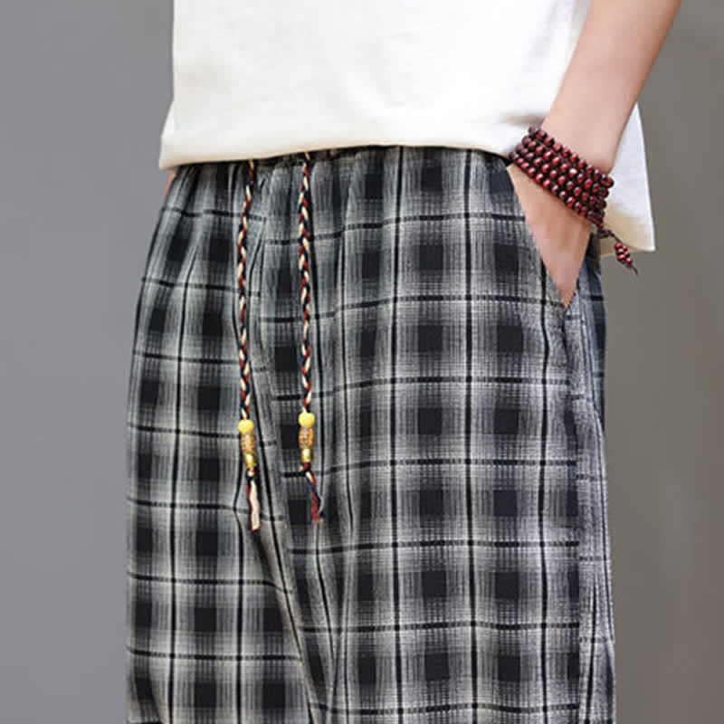 Nimara Ritual Summer Casual Drawstring Plaid Capri Pants Men's Harem Pants With Pockets