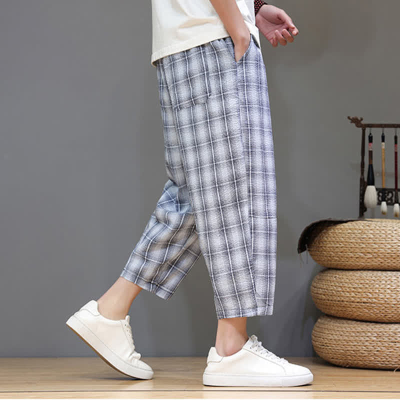 Nimara Ritual Summer Casual Drawstring Plaid Capri Pants Men's Harem Pants With Pockets