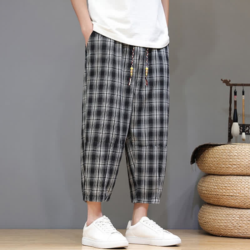 Nimara Ritual Summer Casual Drawstring Plaid Capri Pants Men's Harem Pants With Pockets