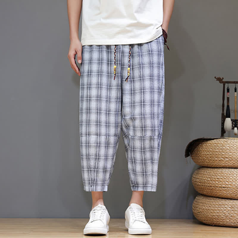 Nimara Ritual Summer Casual Drawstring Plaid Capri Pants Men's Harem Pants With Pockets