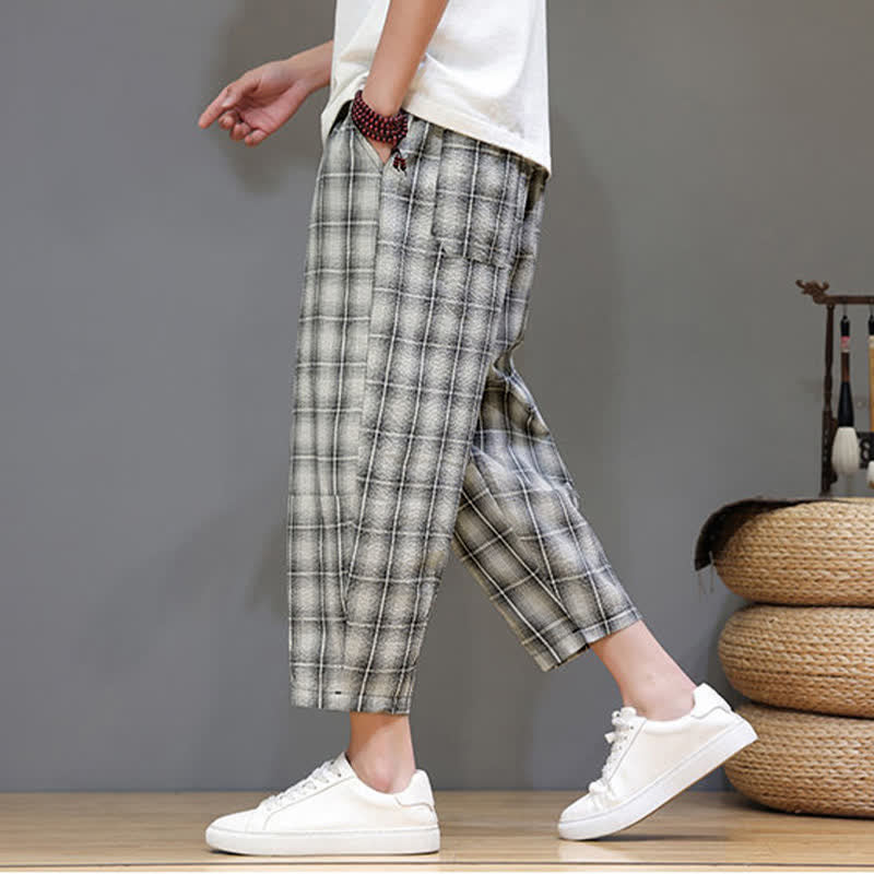 Nimara Ritual Summer Casual Drawstring Plaid Capri Pants Men's Harem Pants With Pockets