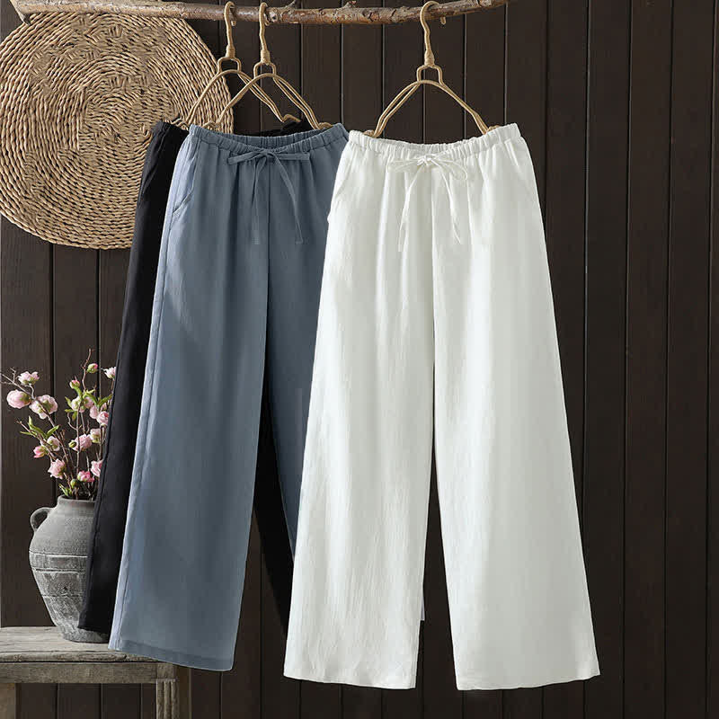 Nimara Ritual Summer Casual Minimalist Drawstring Solid Cotton Linen Ankle Pants Women's Straight Leg Pants With Pocket