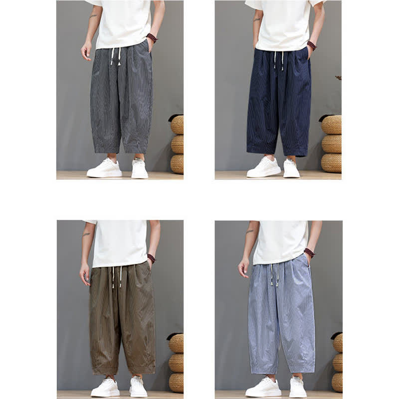 Nimara Ritual Summer Casual Drawstring Striped Capri Pants Men's Harem Pants With Pocket
