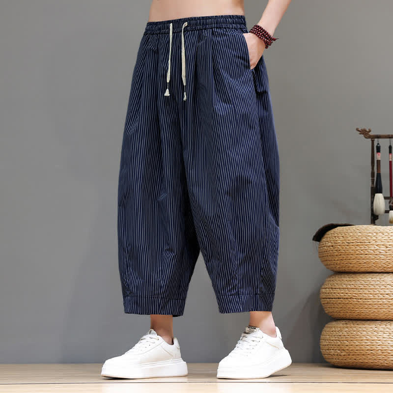 Nimara Ritual Summer Casual Drawstring Striped Capri Pants Men's Harem Pants With Pocket