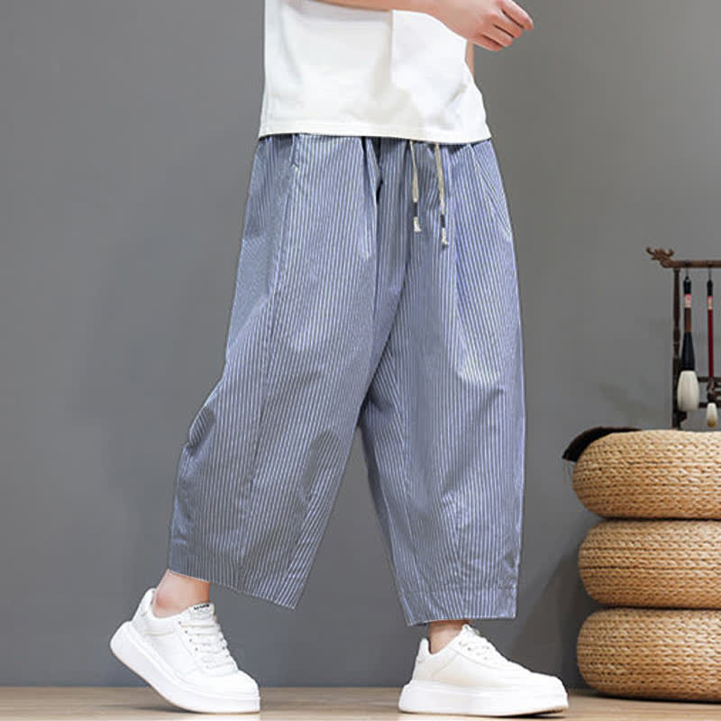 Nimara Ritual Summer Casual Drawstring Striped Capri Pants Men's Harem Pants With Pocket