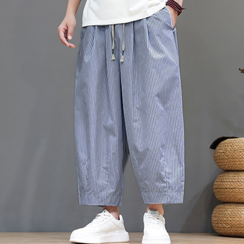 Nimara Ritual Summer Casual Drawstring Striped Capri Pants Men's Harem Pants With Pocket