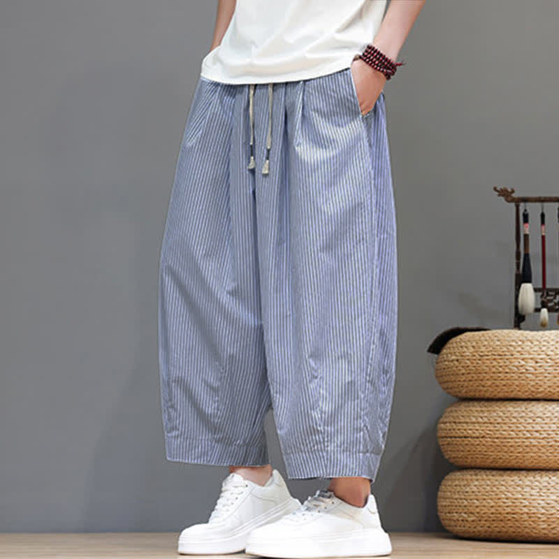 Nimara Ritual Summer Casual Drawstring Striped Capri Pants Men's Harem Pants With Pocket