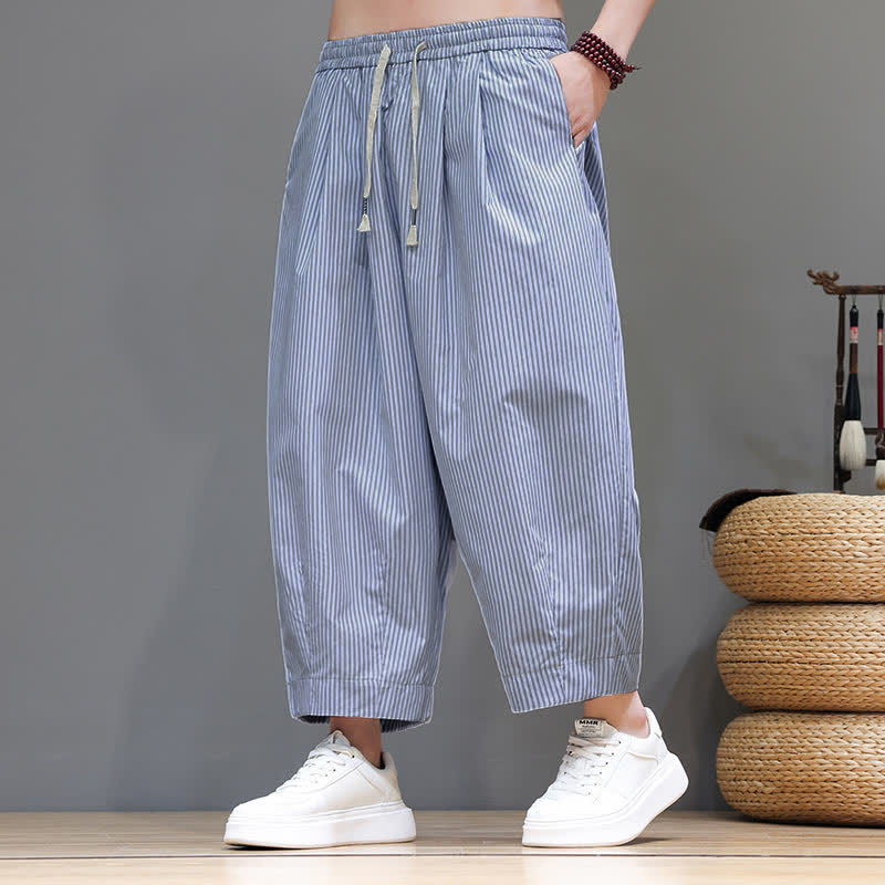 Nimara Ritual Summer Casual Drawstring Striped Capri Pants Men's Harem Pants With Pocket