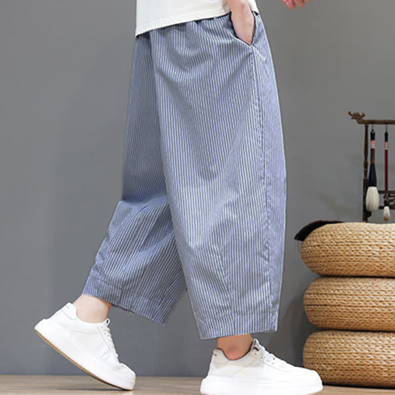 Nimara Ritual Summer Casual Drawstring Striped Capri Pants Men's Harem Pants With Pocket