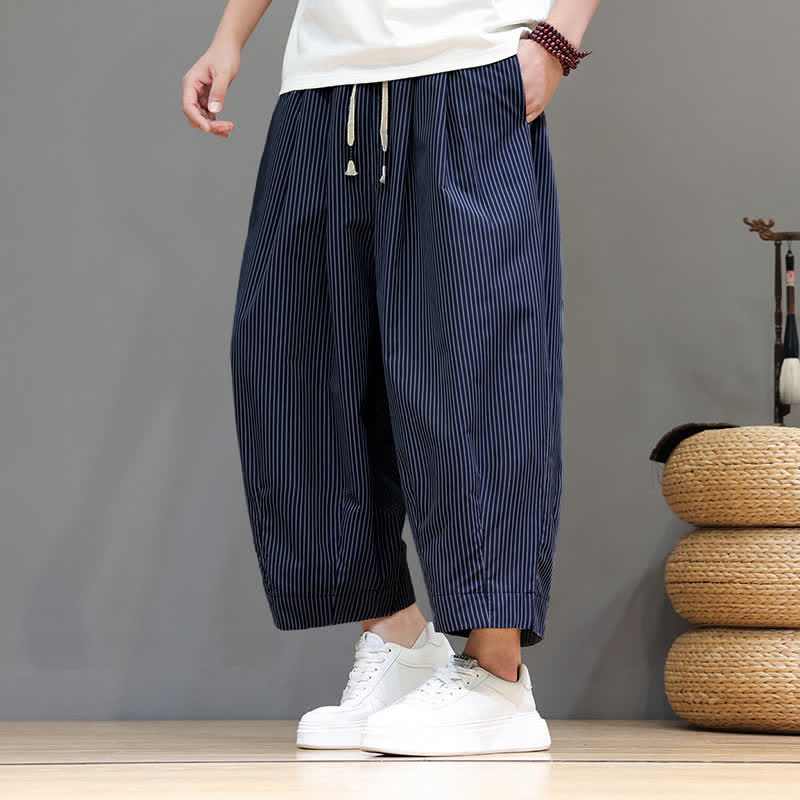 Nimara Ritual Summer Casual Drawstring Striped Capri Pants Men's Harem Pants With Pocket