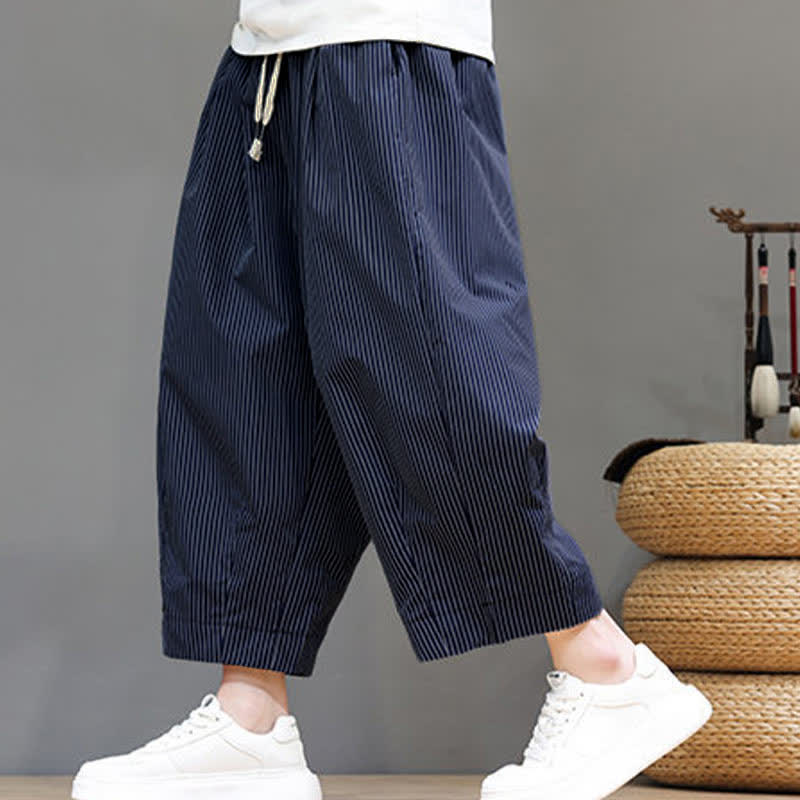 Nimara Ritual Summer Casual Drawstring Striped Capri Pants Men's Harem Pants With Pocket