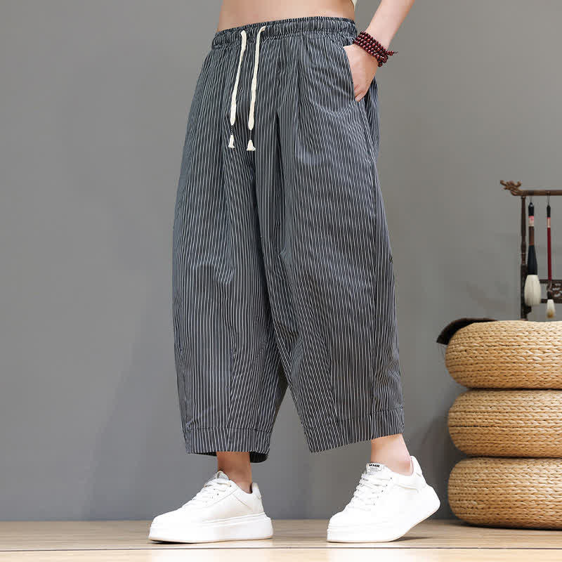 Nimara Ritual Summer Casual Drawstring Striped Capri Pants Men's Harem Pants With Pocket