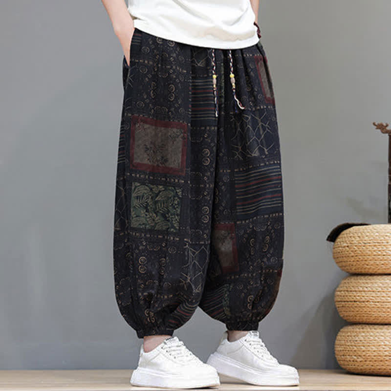 Nimara Ritual Summer Boho Casual Drawstring Geometric Cropped Pants Men's Harem Pants With Pocket