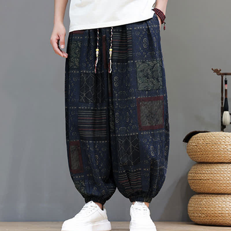 Nimara Ritual Summer Boho Casual Drawstring Geometric Cropped Pants Men's Harem Pants With Pocket