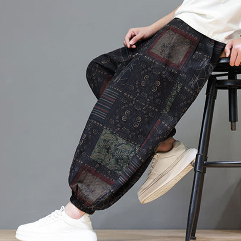 Nimara Ritual Summer Boho Casual Drawstring Geometric Cropped Pants Men's Harem Pants With Pocket